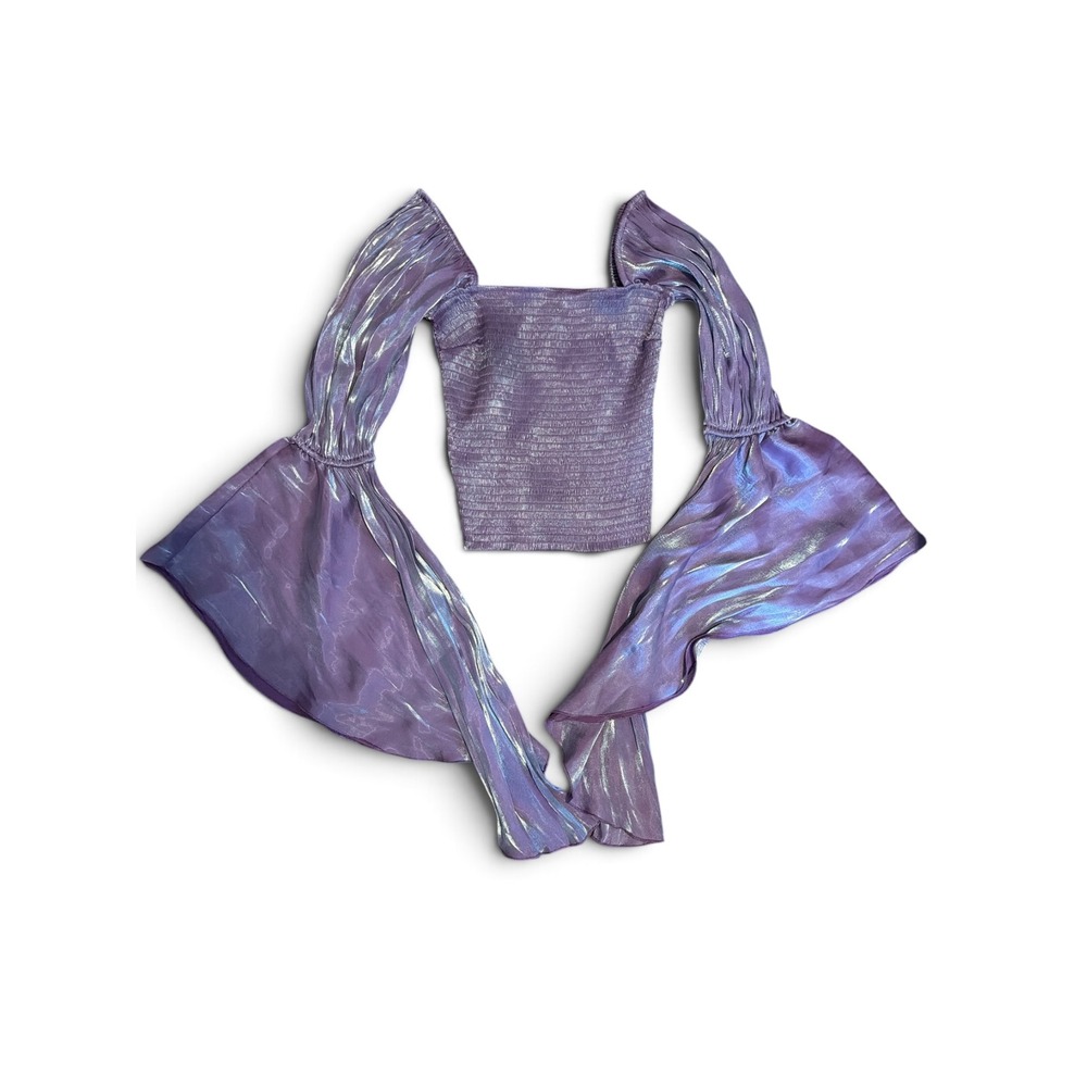 Joy & Ash Purple Iridescent Smocked Crop Top Bell Sleeve Festival Whimsygoth S